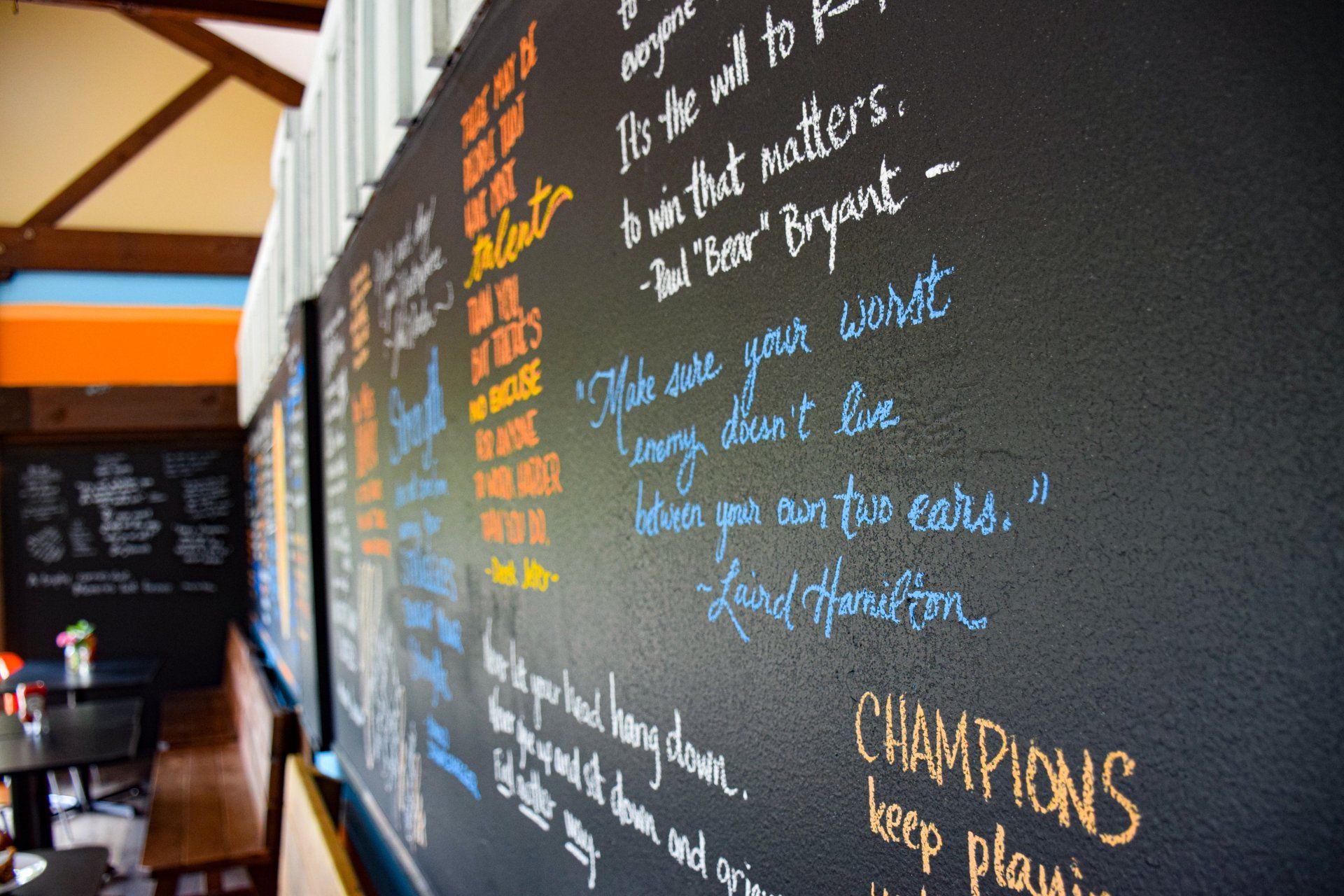A blackboard with a lot of writing on it and the word champions on it