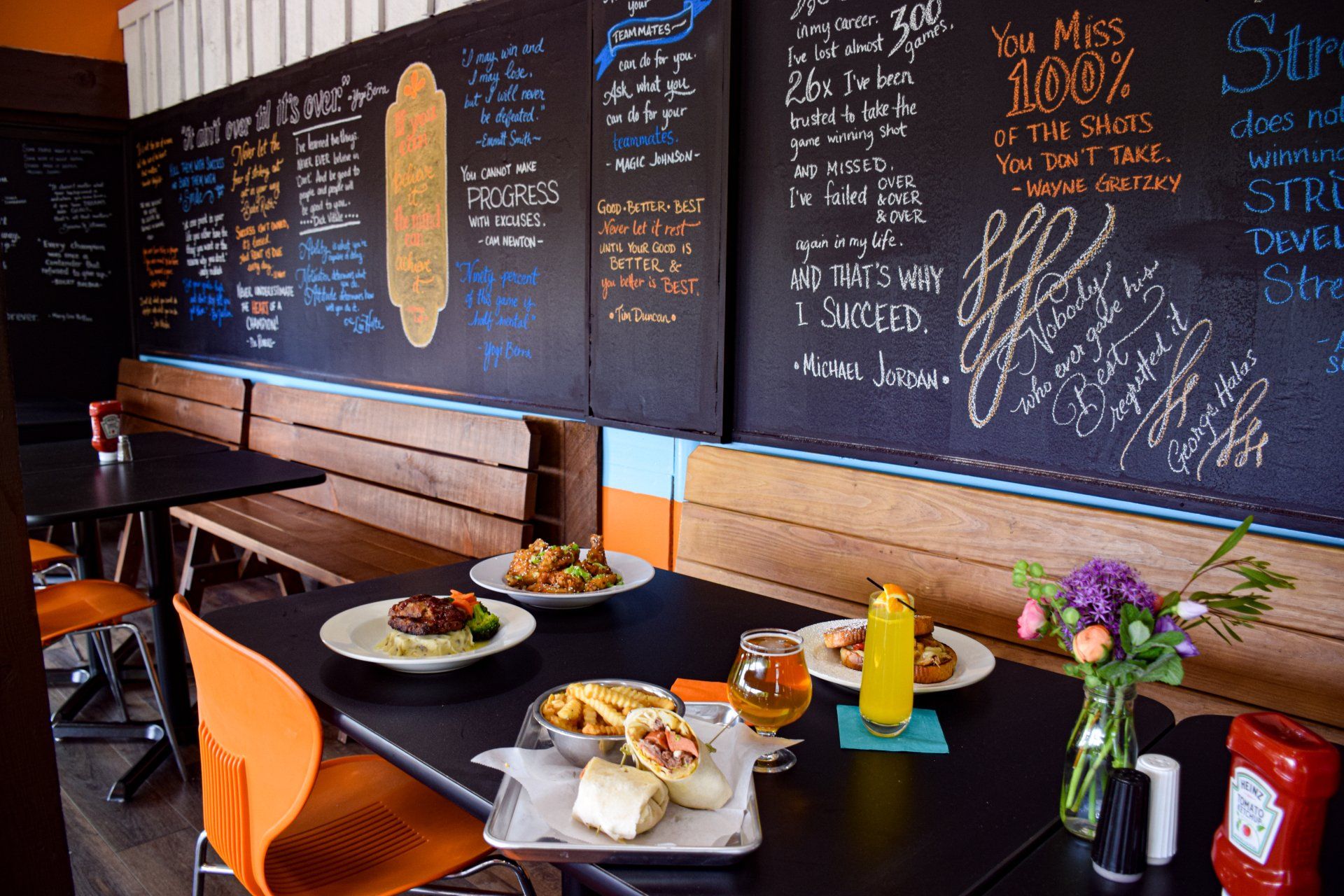 A restaurant with a chalkboard that says you miss 100 % of the spices you don t take