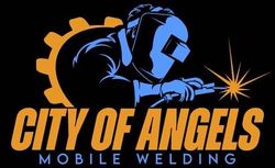 stylized business logo of city of angels, with a little welder sparking a weld