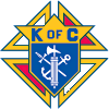 Knights of Columbus emblem: blue shield with cross, anchor, axe, sword; 