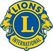 Lions Clubs International logo with gold lions, blue and yellow text, and a large central 
