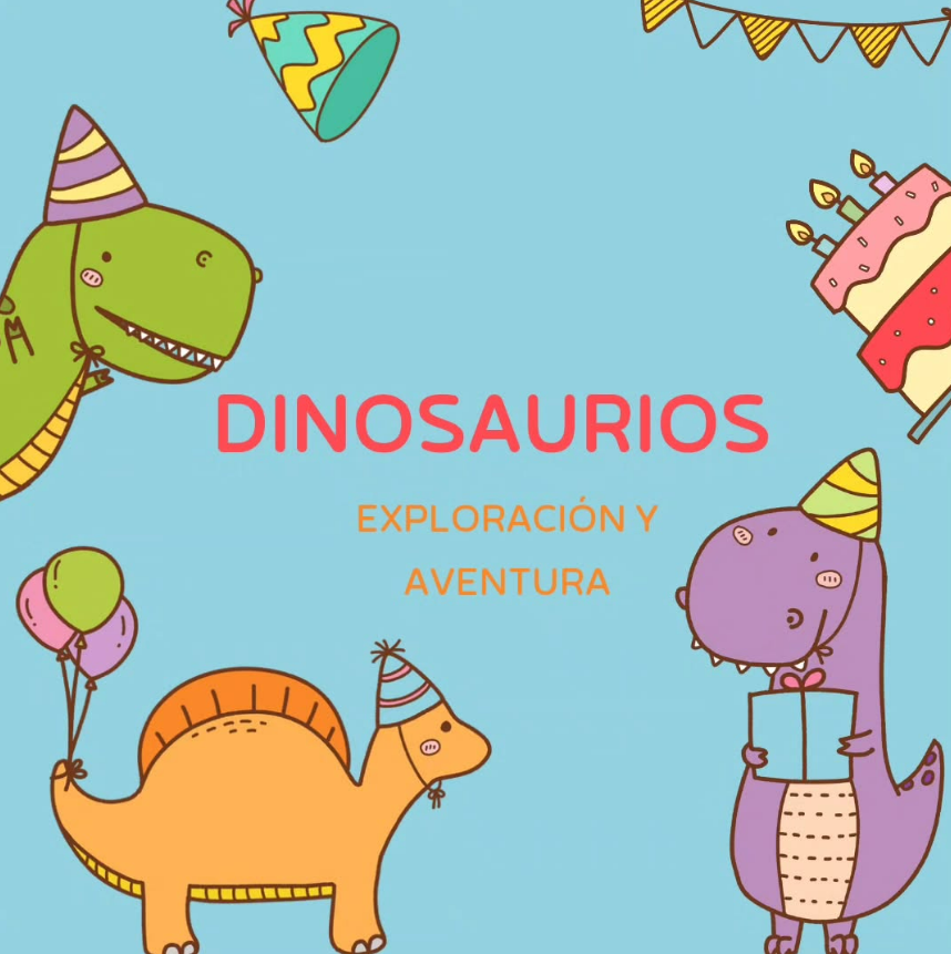 Dinosaurs at a party with cake, balloons, and decorations. Text: 