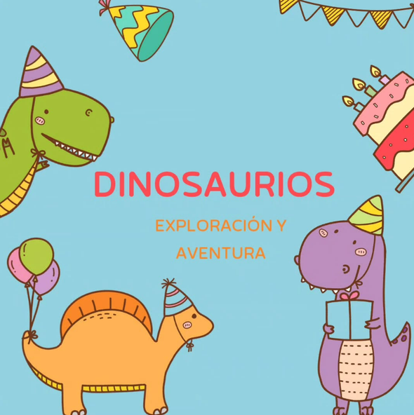 Dinosaurs at a party with cake, balloons, and decorations. Text: 