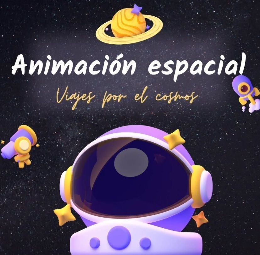 Animated space scene with astronaut, planets, rocket, and telescope. Text reads 