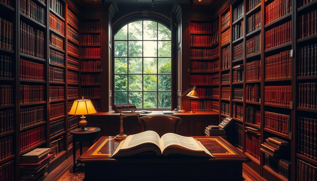 Library with bookshelves filled with books, a desk with an open book, and a large window with a view.