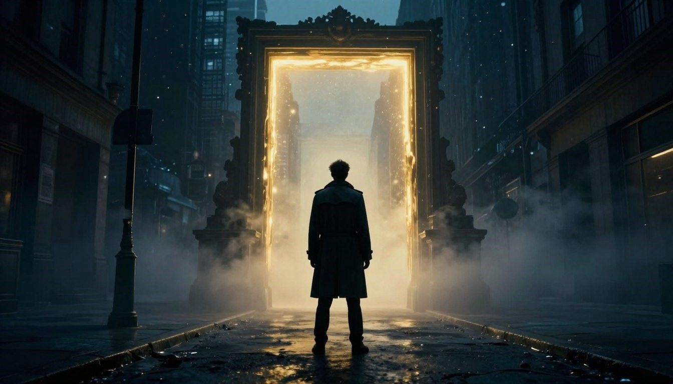 Man stands before a glowing portal in a city street. Dark coat, ominous atmosphere, detailed frame.