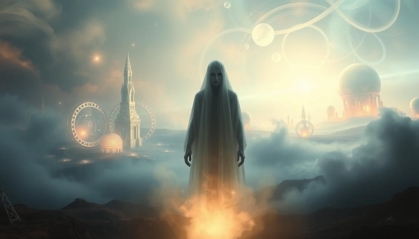 Ghostly figure stands amid glowing clouds, surreal cityscape and celestial orbs in background.