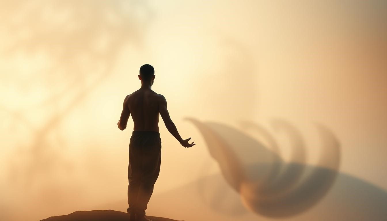 Silhouette of a person with arms outstretched, standing against a golden sky with a blurred shape.