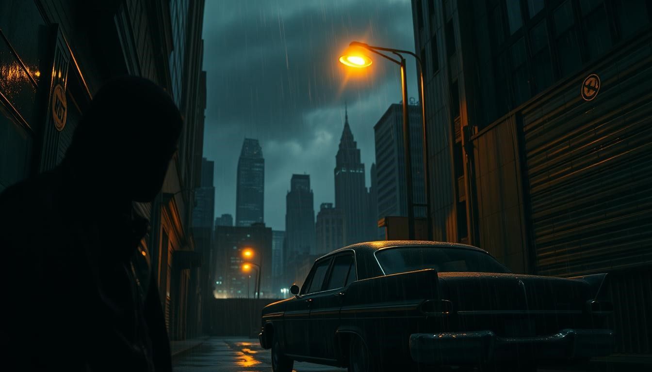 Dark alleyway with a classic car, a silhouetted figure, and city skyline in the rain.