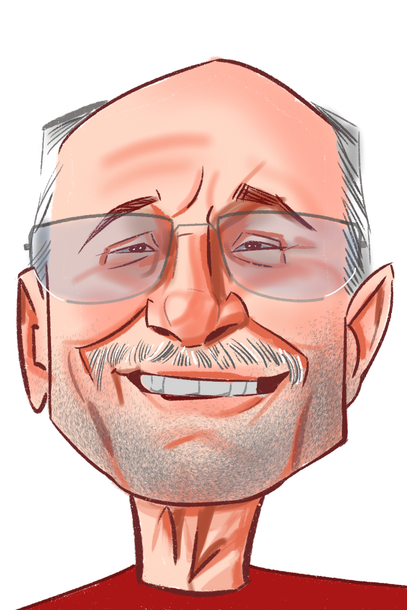 A cartoon of a man with glasses and a beard smiling.