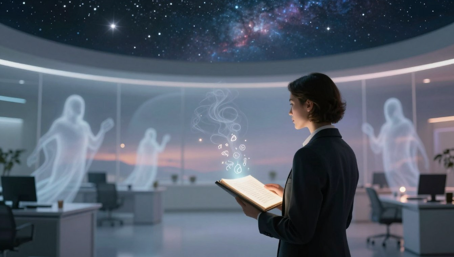 Person holding a book in a futuristic observatory, with holographic figures and a starry sky overhead
