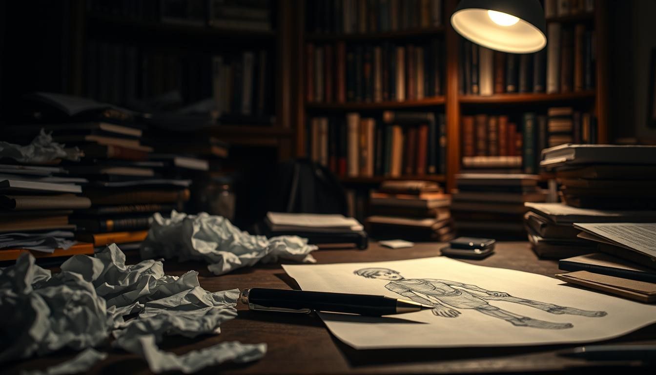A cluttered desk with a drawing of a dinosaur under a dim lamp in a library.