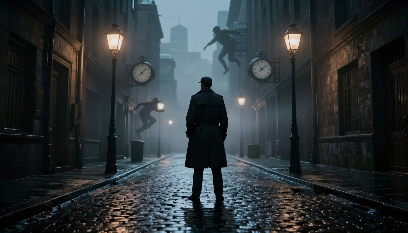 Man in trench coat stands on a wet cobblestone street, watching figures leap between buildings under streetlights.