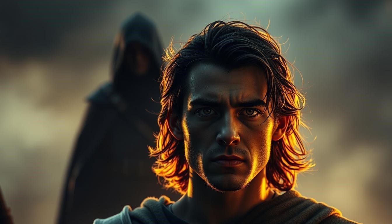 Man with dark hair, intense gaze, bathed in golden light. Figure in dark cloak in background.