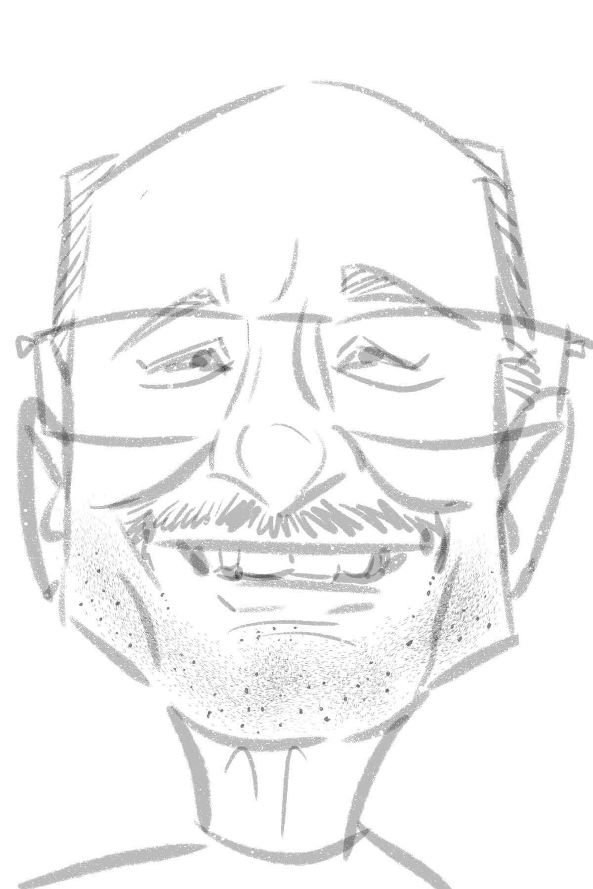 A black and white drawing of a man with glasses and a mustache smiling.