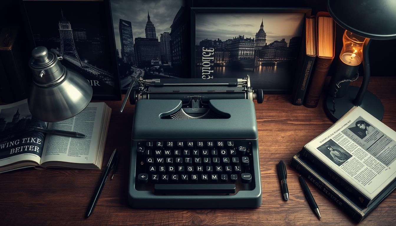 Vintage typewriter on a wooden desk, surrounded by books, a lamp, and pens. Dark, moody setting.