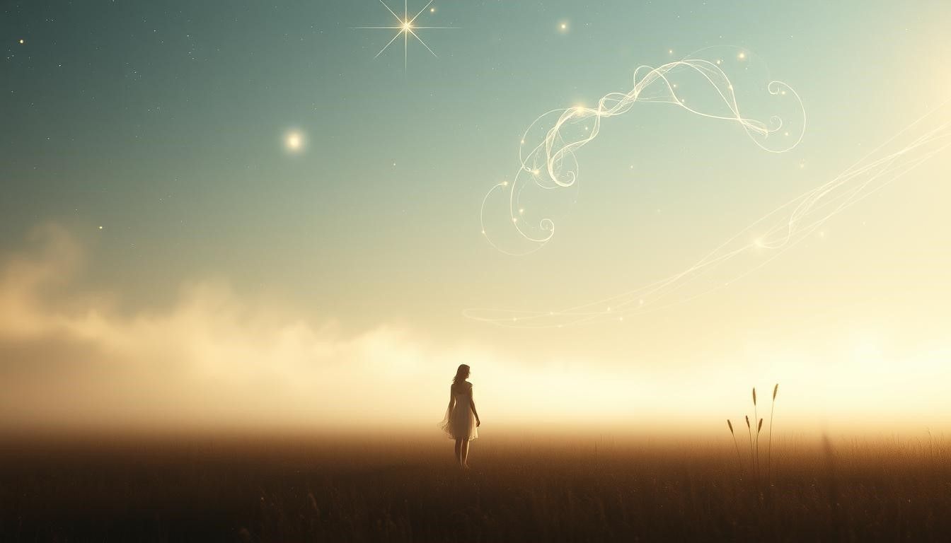 Woman walking in a field towards bright light, stars in the sky, soft colors and mist.