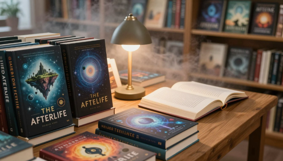 Staged books on a wooden desk beside an open notebook and lamp, with glowing fantasy-themed covers.