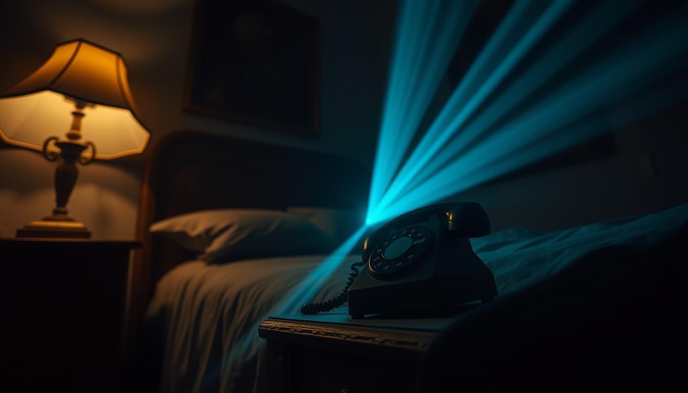 A vintage telephone glows with blue light in a dimly lit bedroom, next to a bedside lamp. phone calls from the dead