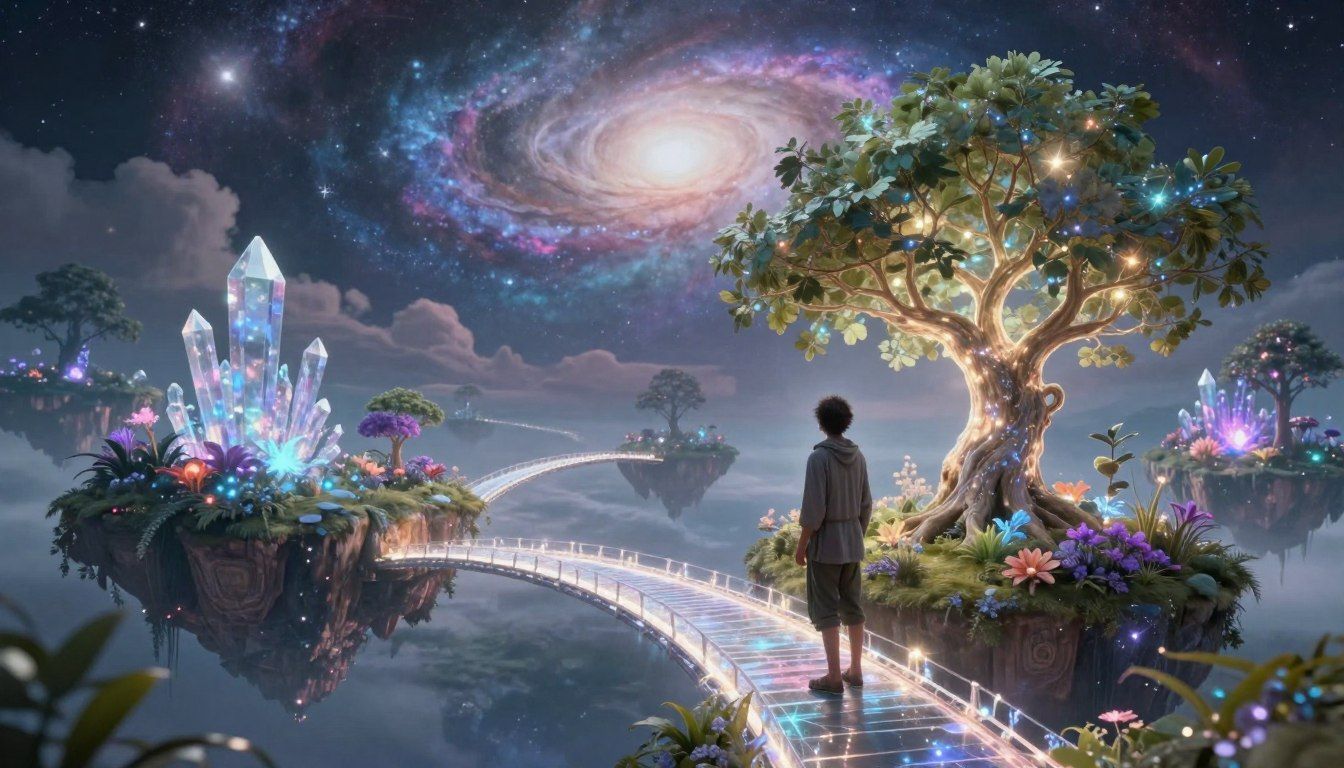 A person stands on a glowing path connecting floating islands with giant crystals and a luminous tree under a galaxy sky.
