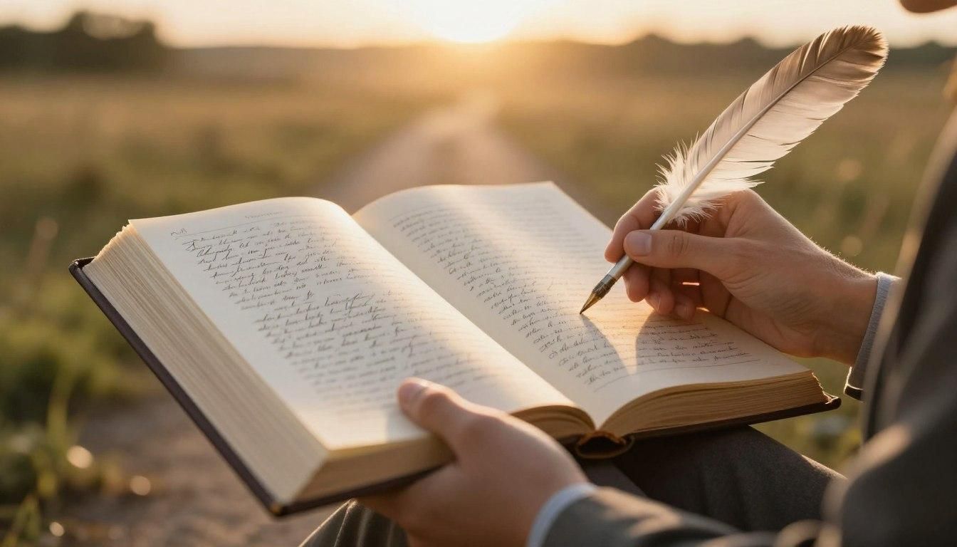 Hands writing in a book with a feather pen; outdoor setting at sunset with a pathway in the background.