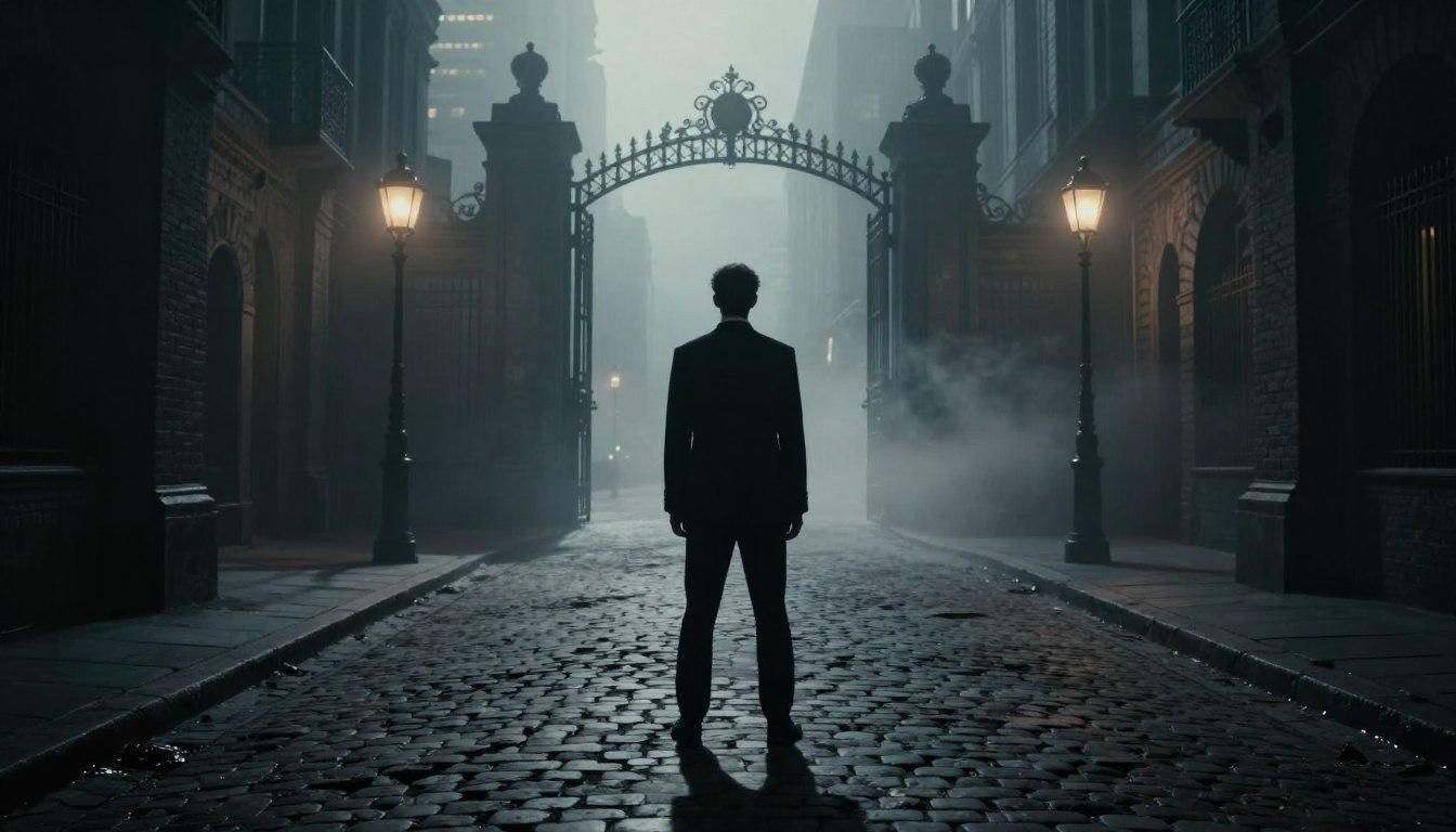 Silhouette of a person standing on cobblestone street, facing ornate gate, lit by streetlights. Foggy, gothic setting.