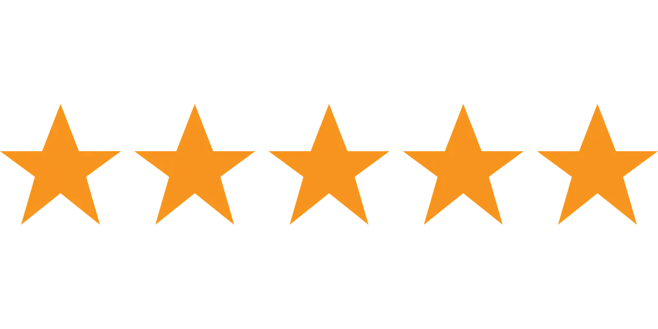 Five orange stars are lined up in a row on a white background.