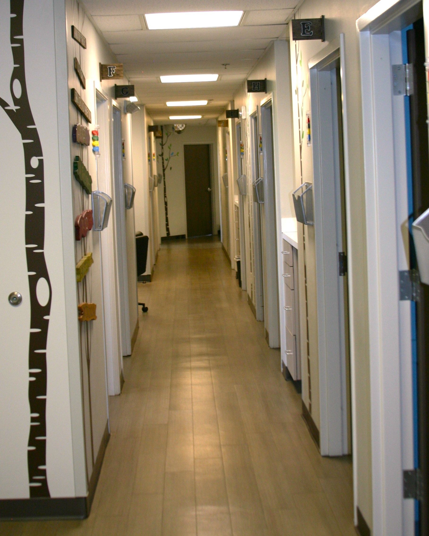 A long hallway with a tree sticker on the wall