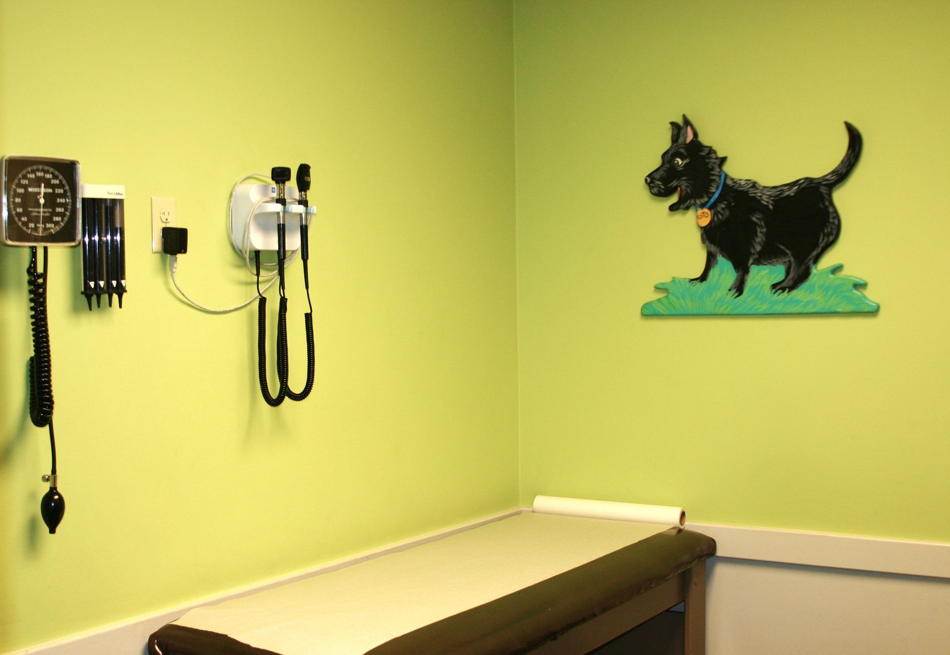 A doctor 's office with a picture of a dog on the wall