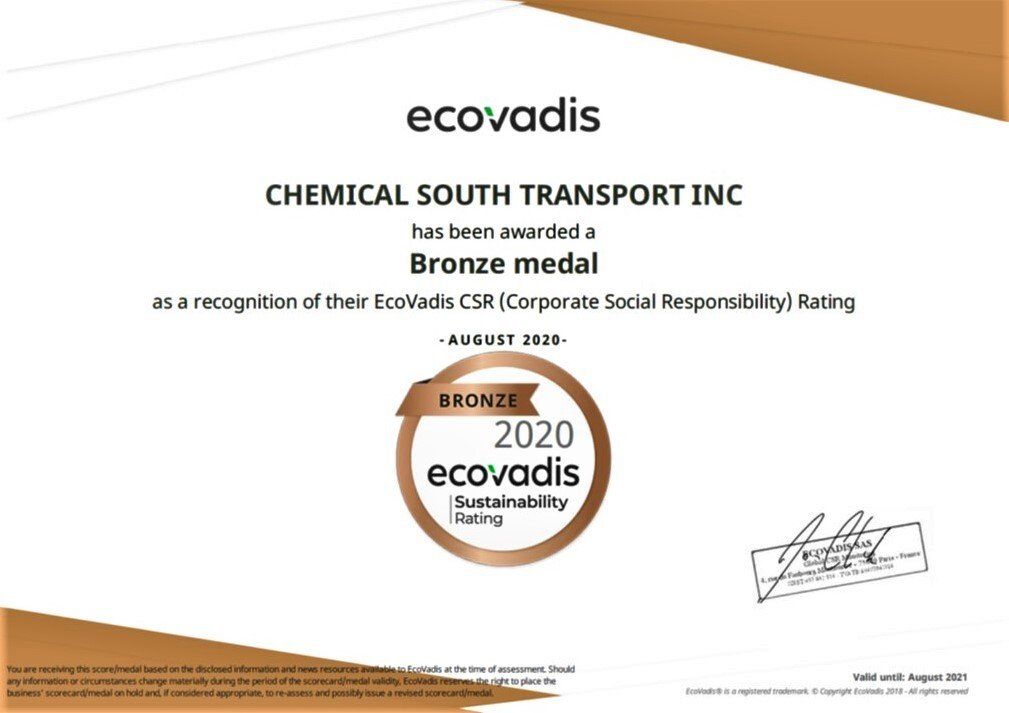 Chemical South Transport Inc. Ecovadis Bronze Certificate — Savannah, Georgia — Chemical South Transport