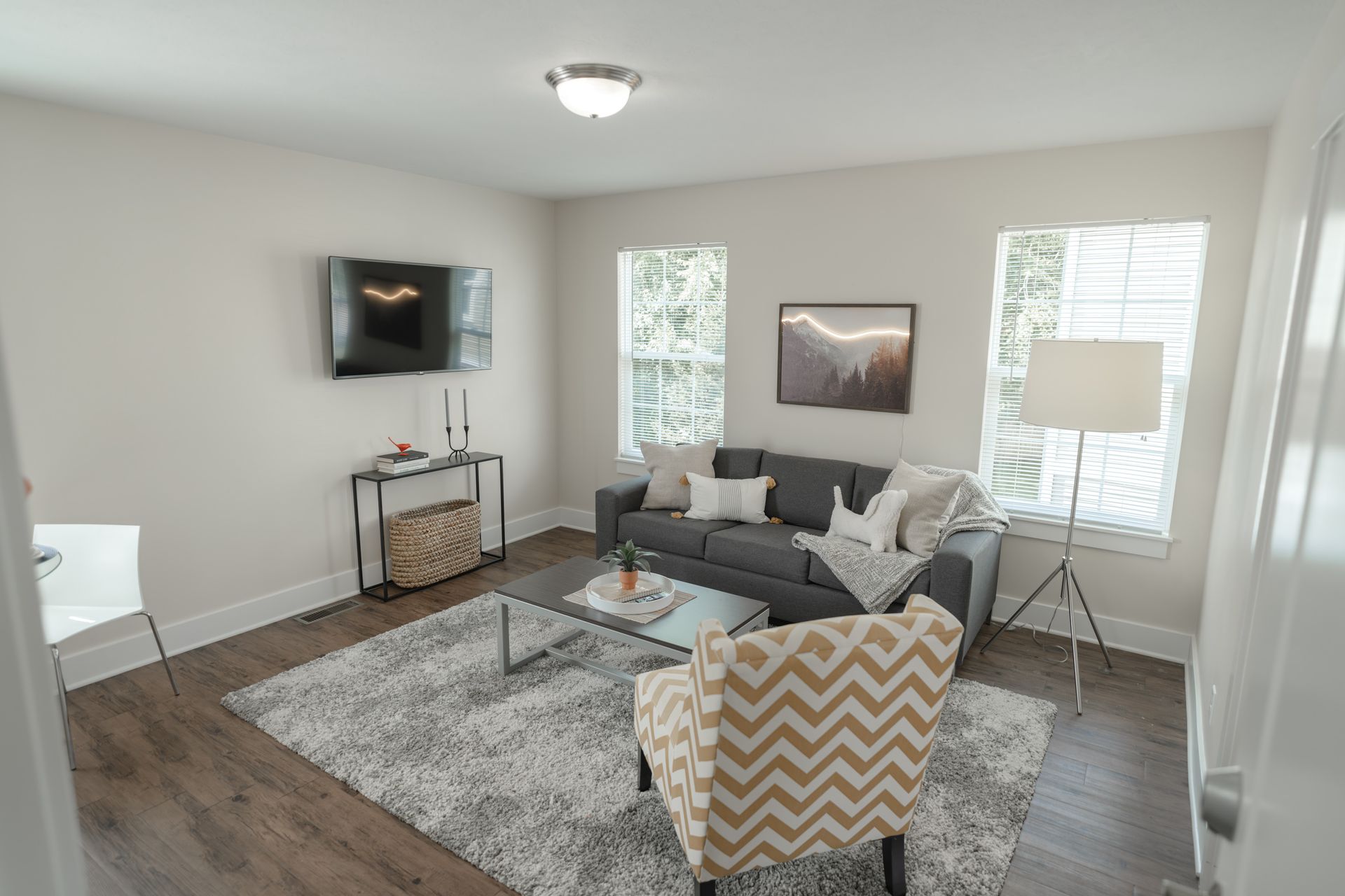 Living room with gray sofa, patterned chair, coffee table, TV, windows, and rug.