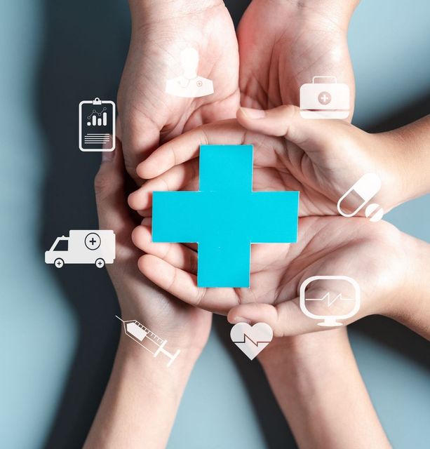 A group of hands holding a blue cross surrounded by medical icons