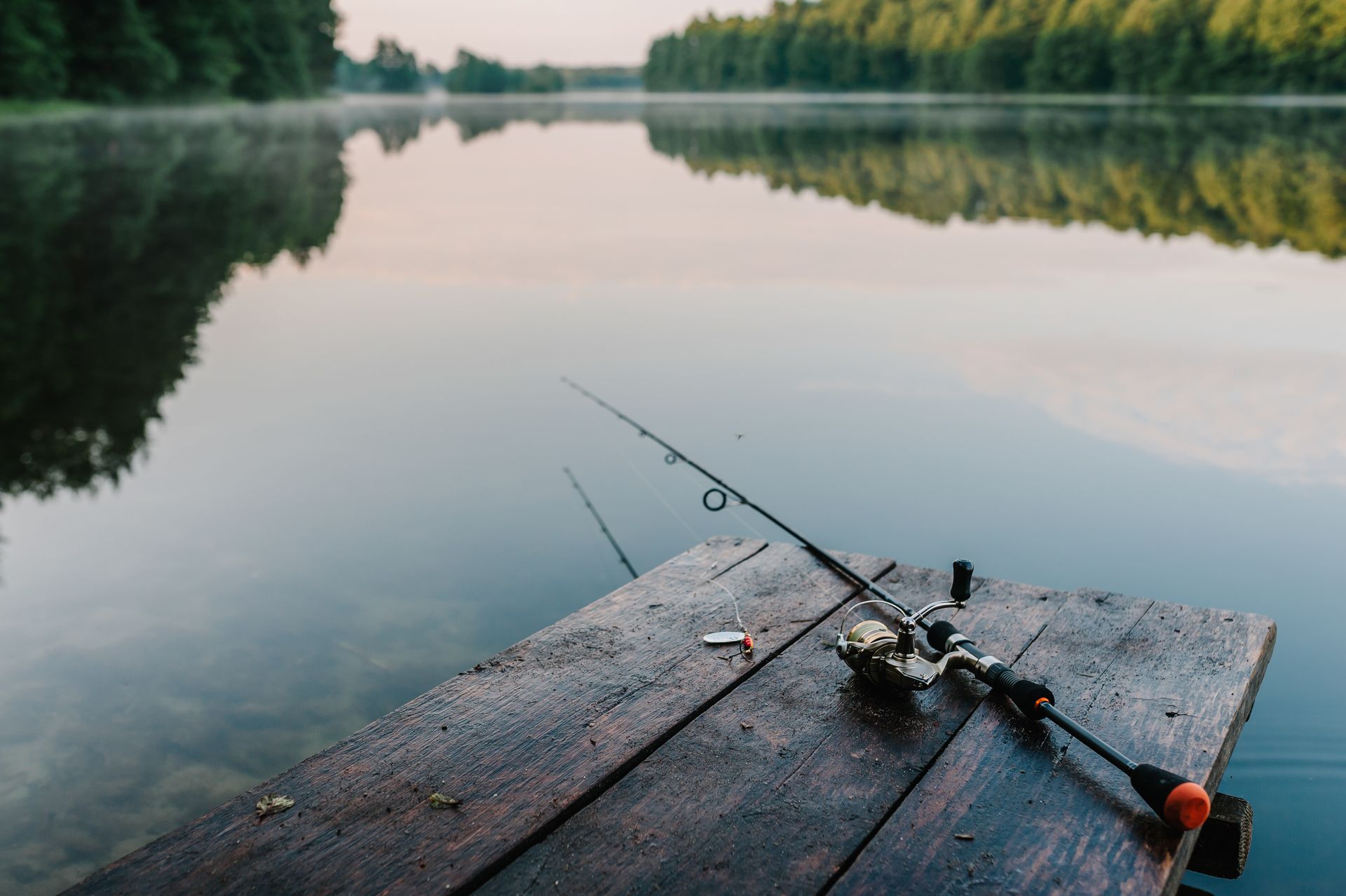 A fishing rod with a reel rests on a wet, wooden dock overlooking a calm, misty lake at dawn.