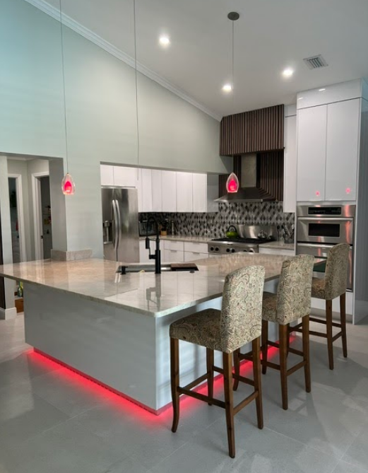 A kitchen with a large island and stools