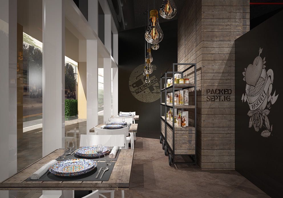 An artist 's impression of a restaurant with tables and chairs