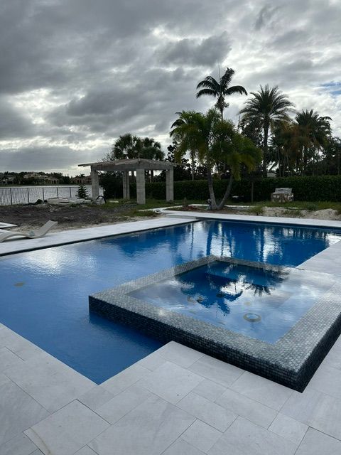 A large swimming pool with palm trees in the background