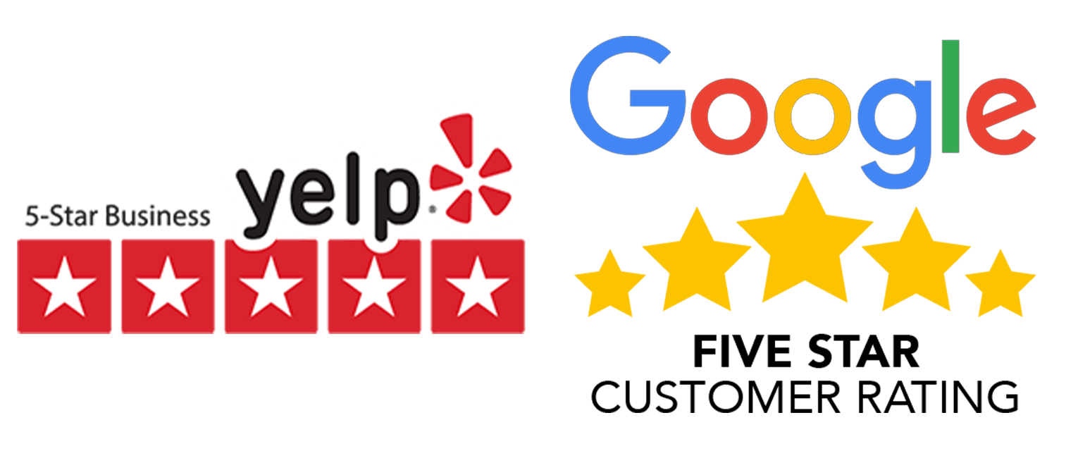 A yelp logo next to a google logo with five stars.