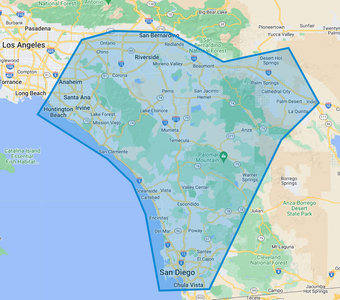 A map of california with a blue circle around san diego