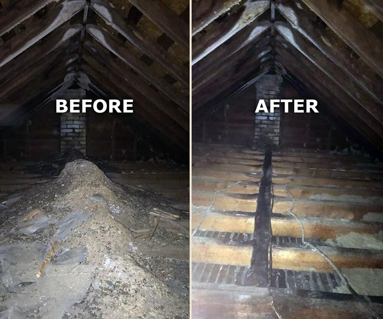 A before and after photo of an attic with a chimney