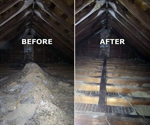 A before and after photo of an attic with a chimney