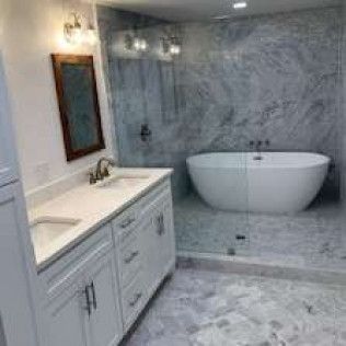 Modern bathroom with white cabinets, marble walls, a freestanding tub, and a glass shower.
