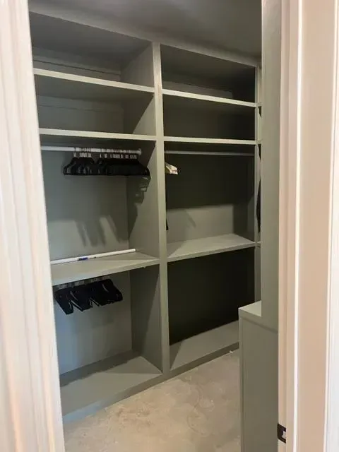 Empty, built-in closet with shelves and hanging rods, painted in a neutral green color.