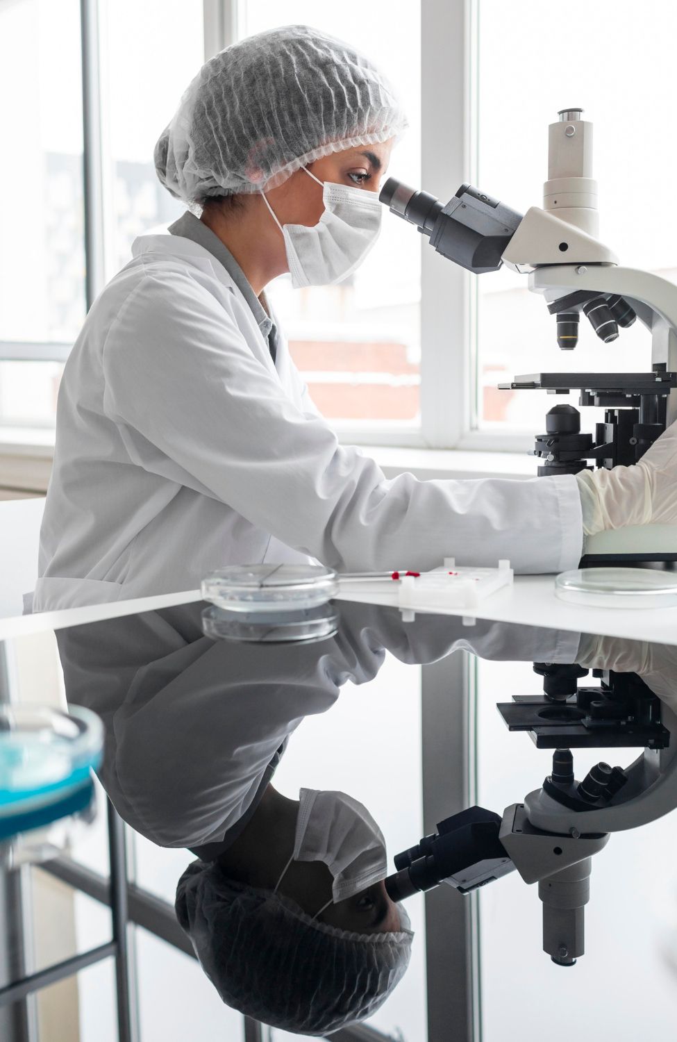 Funcionário de laboratório de jaleco branco e touca, olhando para o microscópio