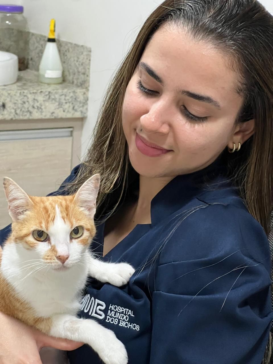 Consultório veterinário: Mesa com computador, fichas e prateleiras. Parede azul-clara.