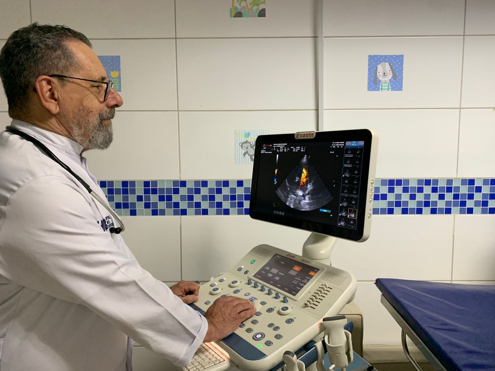 Dois profissionais veterinários realizam um ultrassom em um cachorro em uma clínica.