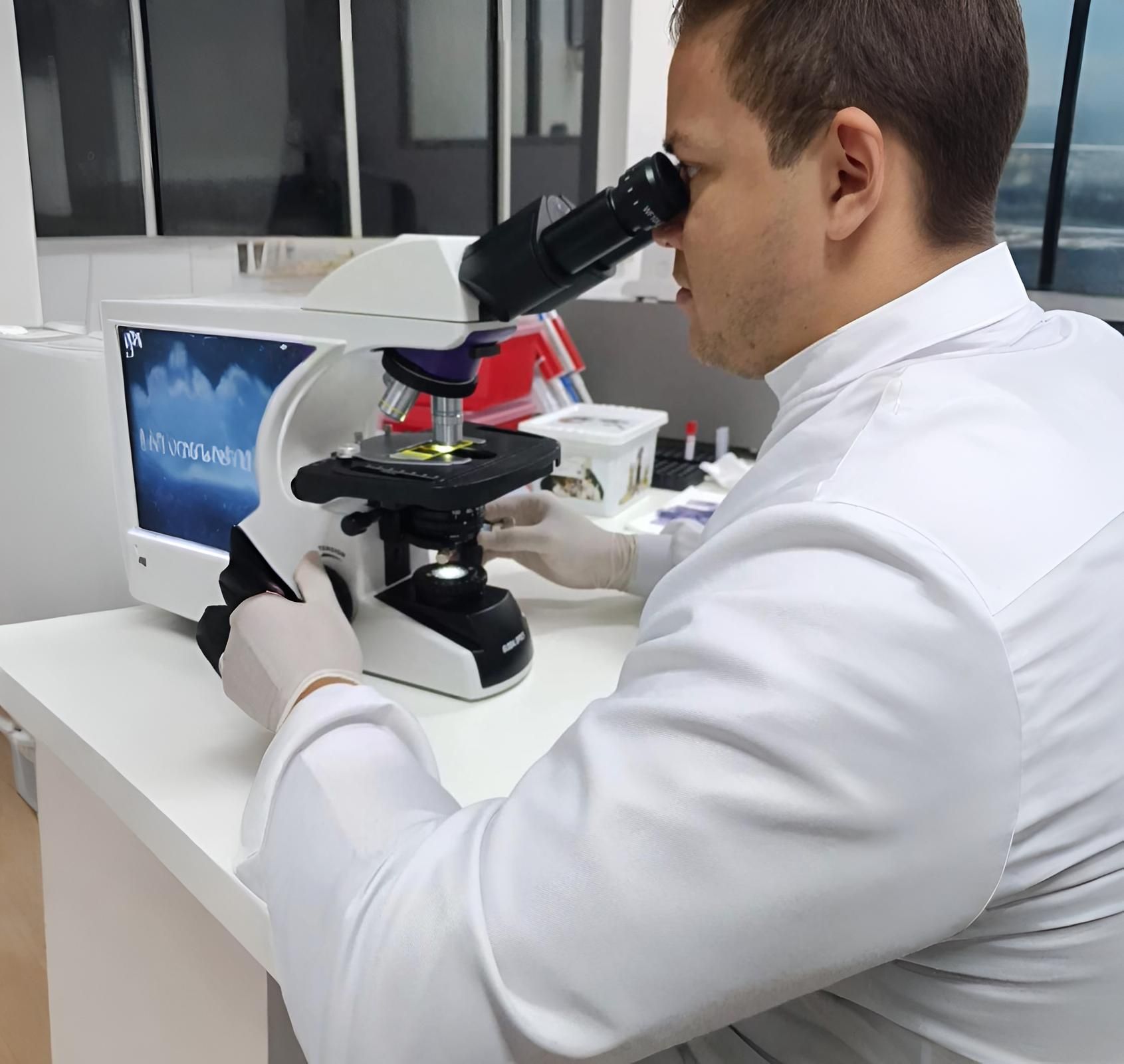 Cachorro tendo o sangue coletado por uma pessoa vestida com uniforme cirúrgico azul.