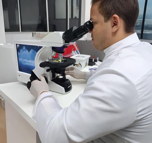 Cachorro tendo o sangue coletado por uma pessoa vestida com uniforme cirúrgico azul.