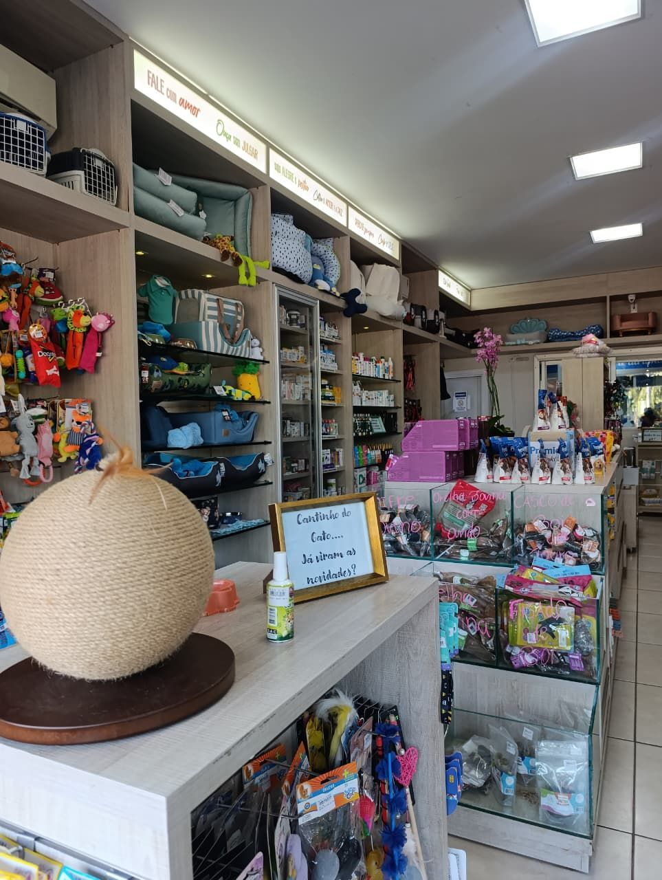 Interior de uma loja de animais com prateleiras de brinquedos e suprimentos. Uma grande bola arranhadora para gatos .