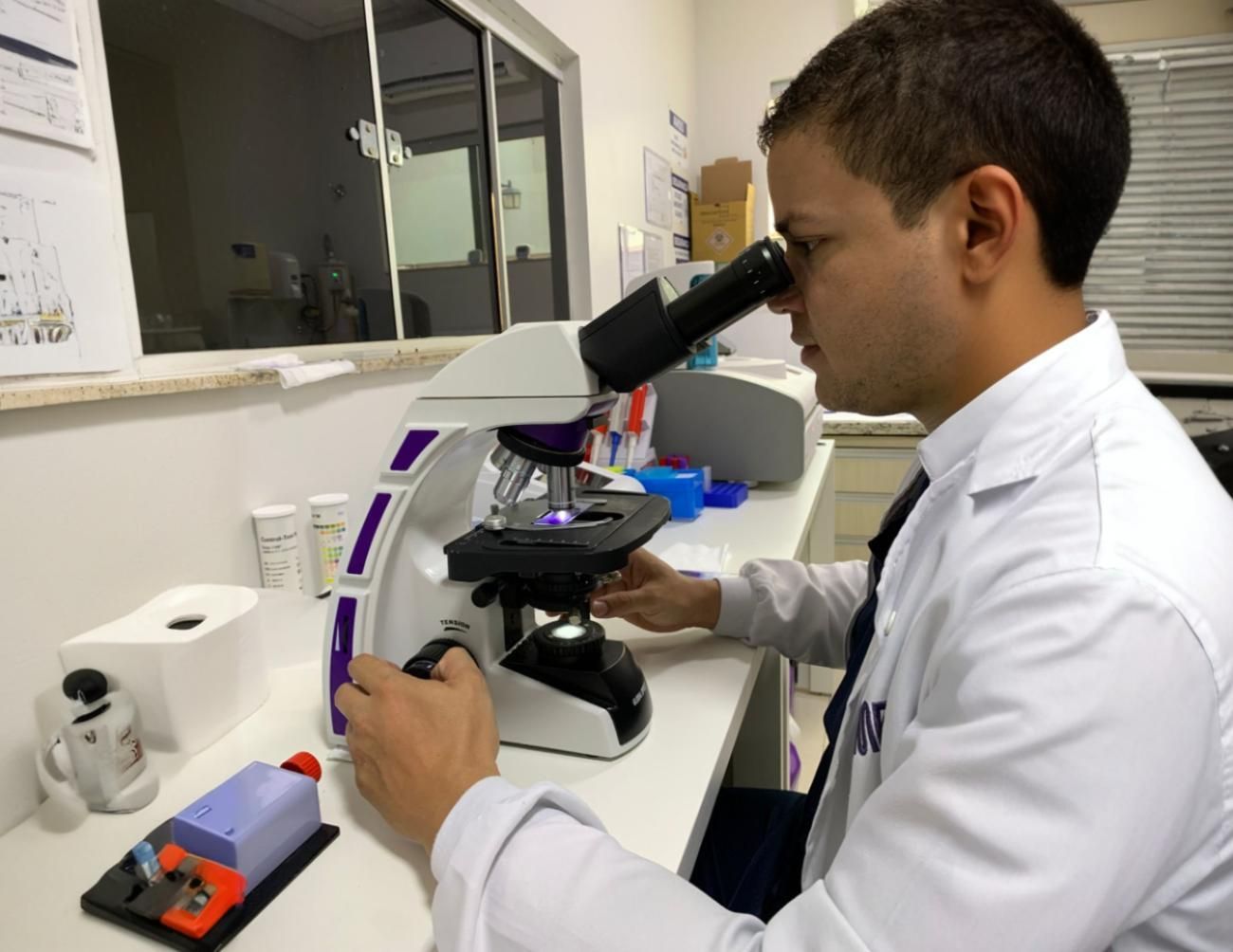 Cachorro tendo o sangue coletado por uma pessoa vestida com uniforme cirúrgico azul.