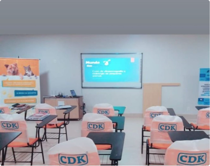 Sala de aula com cadeiras cobertas com sacolas laranja da CDK, uma tela de projeção e faixas.